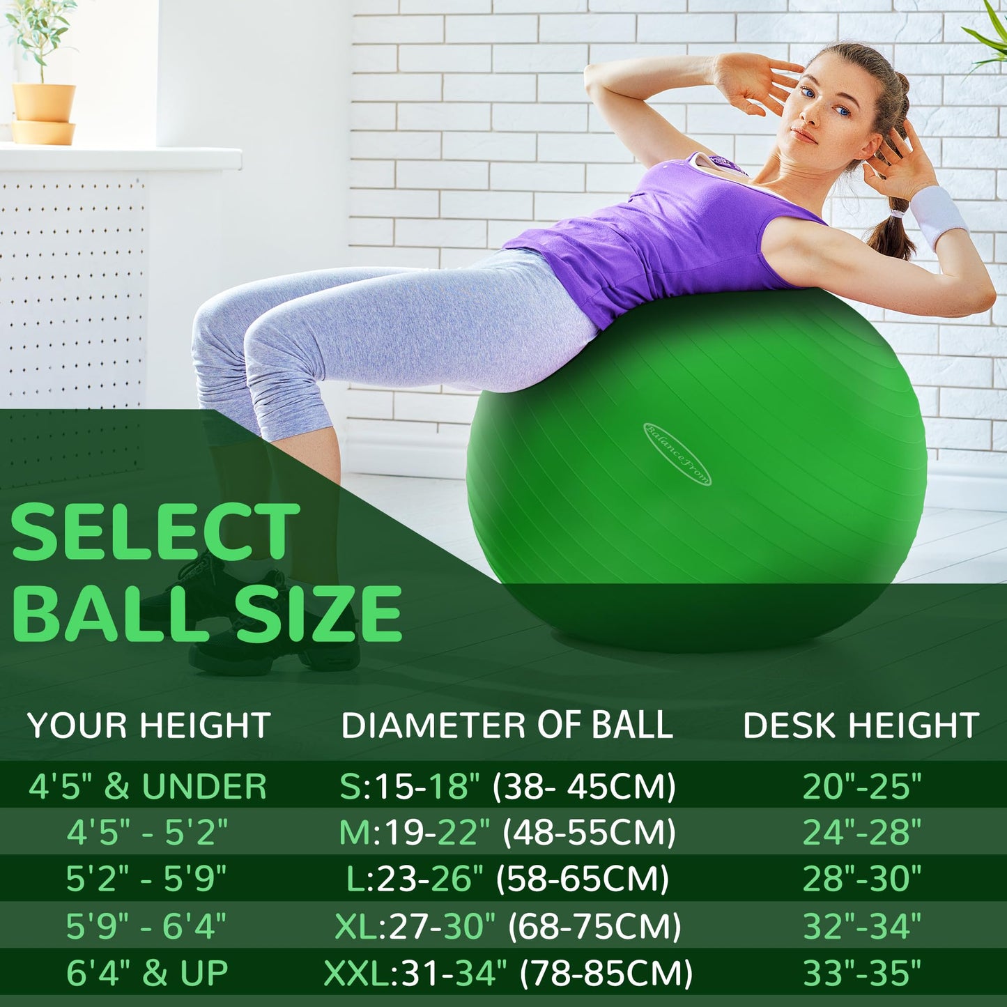 Fitvids Anti-Burst Slip Resistant Exercise Ball with Quick Pump, 2,000-Pound Capacity, Green, 30-inch, XL