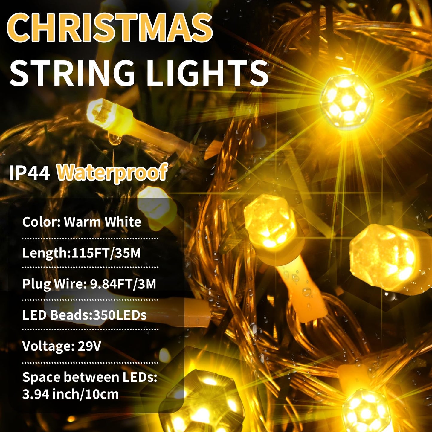 ROADAYLY LED Christmas Lights 115FT 350LED Warm White Waterproof Outdoor Fairy Lights with Timer & 8 Modes, Model DAOYI02-MNO02-DAOYI