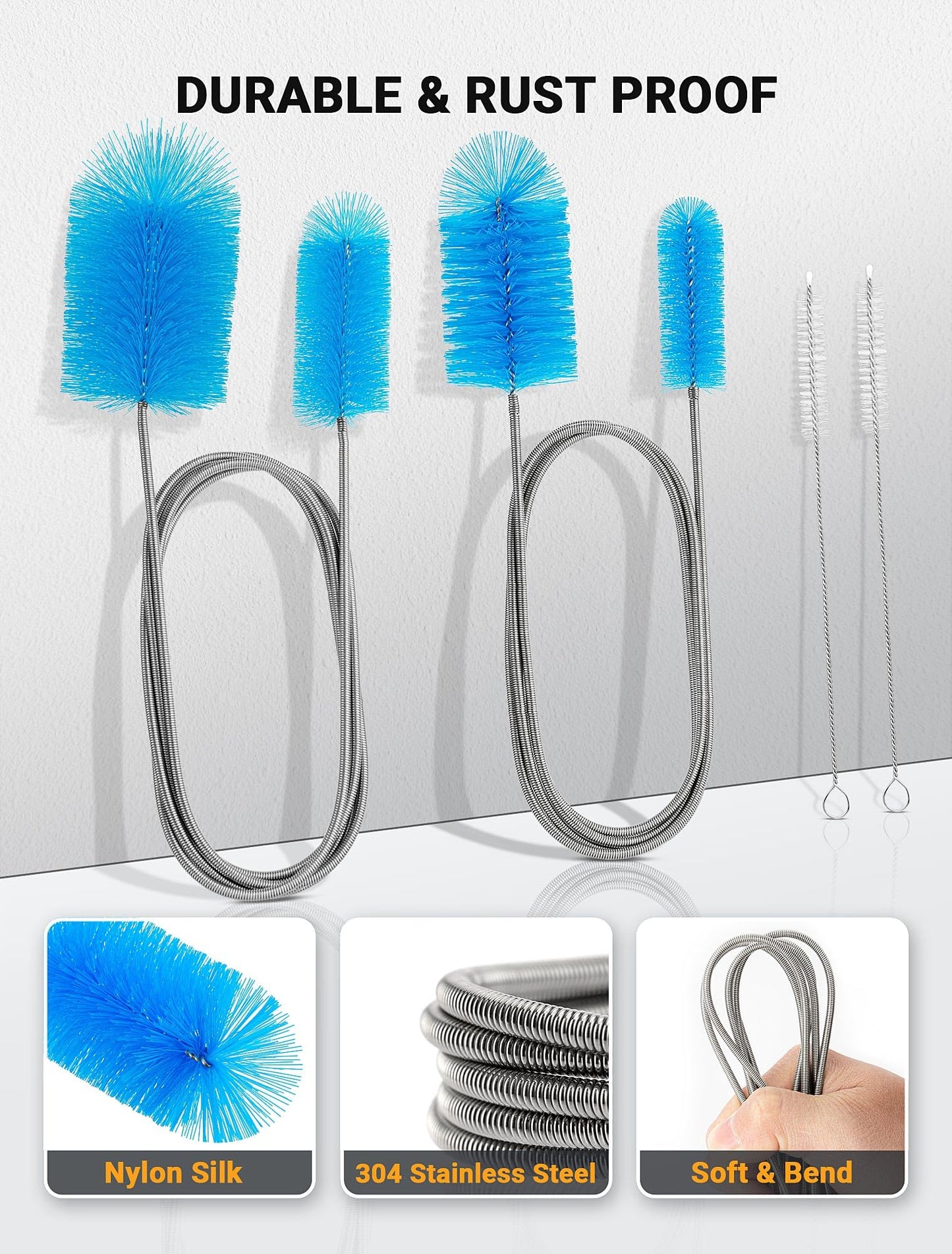 SARDVISA Flexible Long Drain Brush Tool with Large Double Elastic Nylon Ends, Stainless Steel Tube Cleaner Brush for Kitchen, Sink, Drain Pipe, and Long Pipe Cleaning, 2 Straw Cleaning Brushes