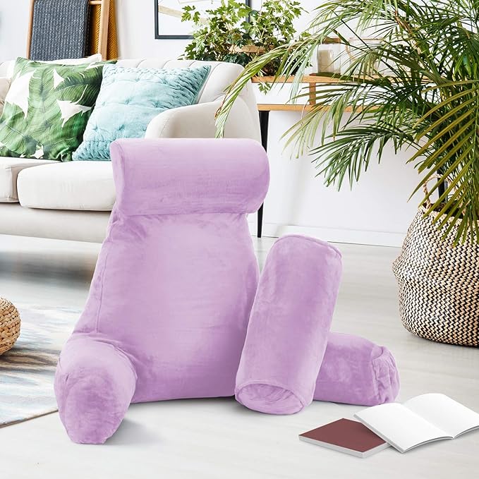 Nestl Reading Pillow Large Bed Pillow, Back Pillow for Sitting in Bed Shredded Memory Foam Chair Pillow, Reading & Bed Rest Pillows Lavender Back Pillow for Bed, Bed Chair Arm Pillow with Pockets