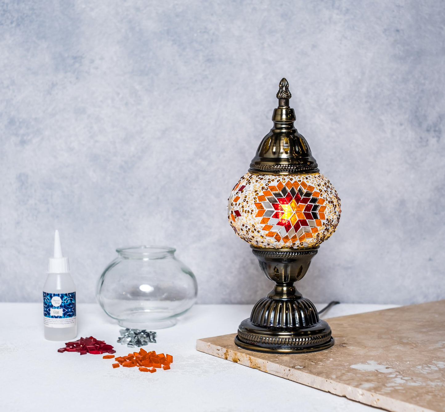 Kraftstories Turkish Mosaic Lamp Kit Diy Glass Decorative Table Bedside Night Light Tabletop For Living Room Bedroom | Make Your Own Lamp | Antique Bronze Base (Sunset)