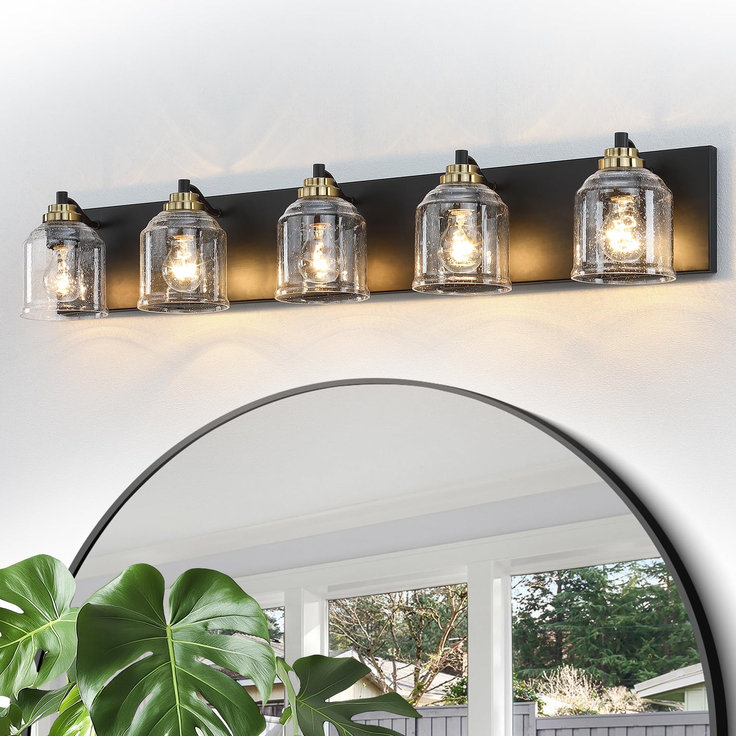 YKLITG 5-Light Bathroom Vanity Light, Metal Black & Gold with Bubble Glass Shades, Model BD005 S