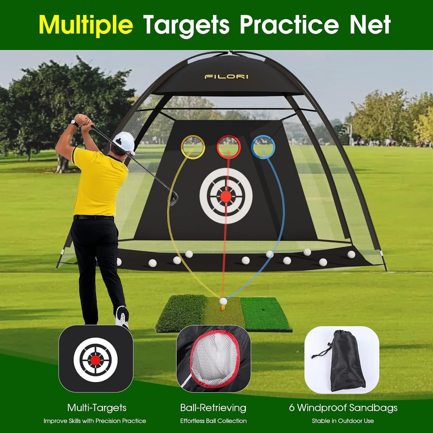 FILORI Golf Practice Net 10x7FT Heavy-Duty Golf Hitting Net with Tri-Turf Mat, 8 Balls, Tee & Carry Bag, Indoor/Outdoor Backyard Training for Driving Chipping Swing, Ideal Gifts for Men Dad Golfer