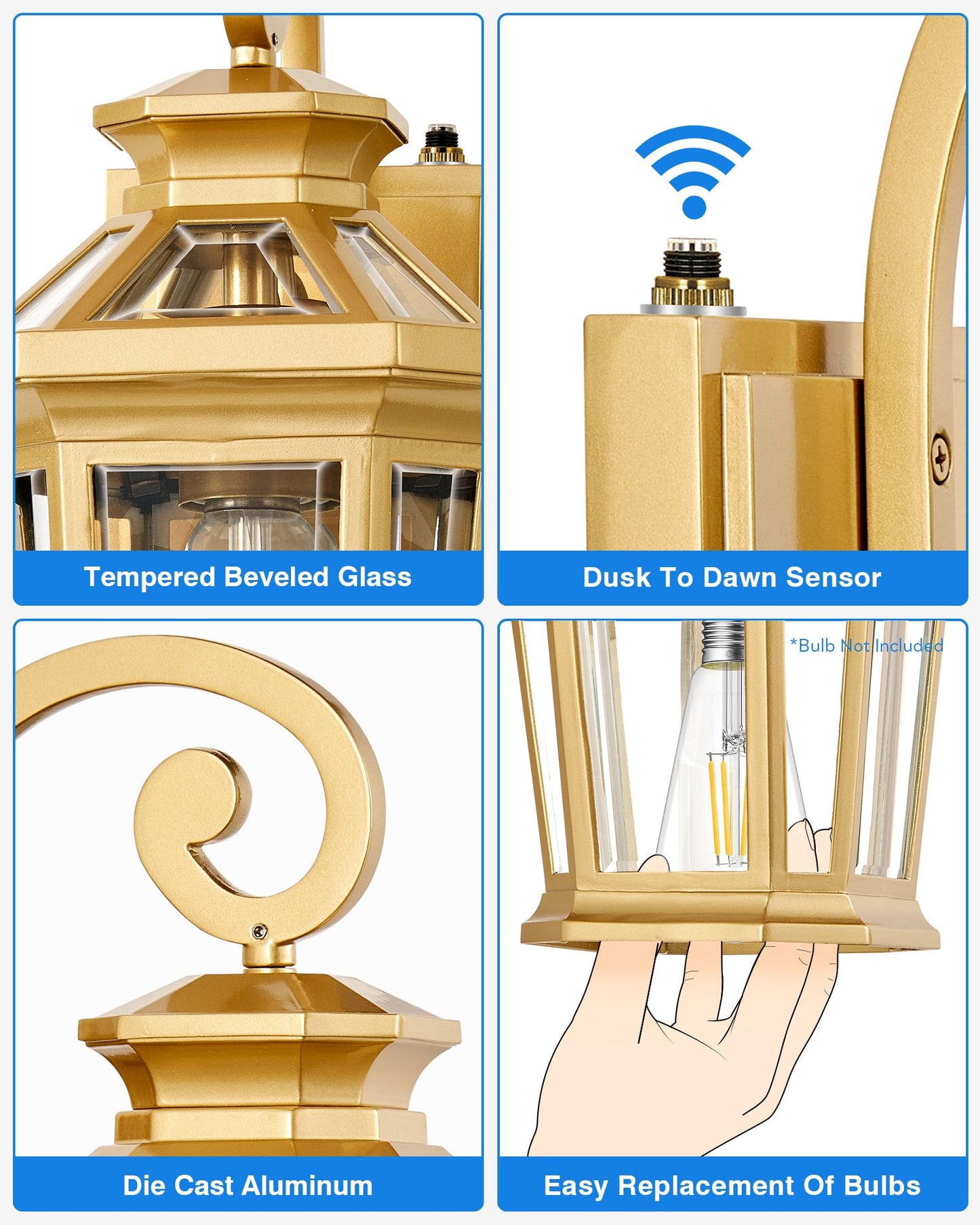 Opaxis Outdoor Wall Lights Wall Mount  2-Pack Dusk To Dawn Front Porch Light  Gold Modern Exterior Wall Sconce  Exterior Garage Lighting Fixtures  Weather Resistant Coach Lanterns Outdoor  Anti-Rust