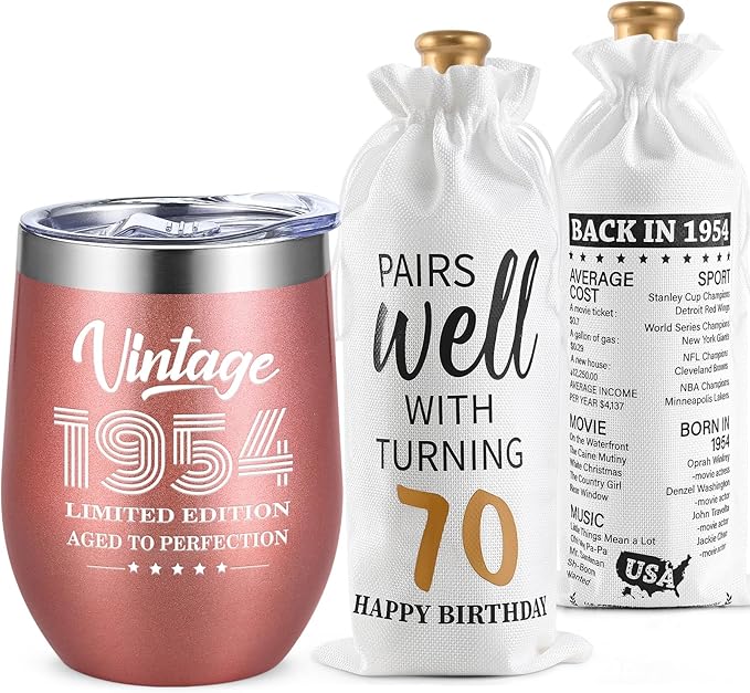Lifecapido 70th Birthday Gifts for Women, Vintage 1954 Limited Edition Insulated Wine Tumbler with Wine Bag, 70 Year Old 70th Birthday Presents Christmas Gifts for Mom Grandma Wine Lover, 12 oz
