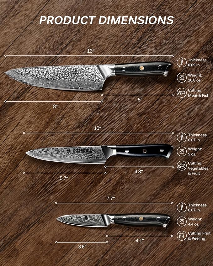 KYOKU Knife Set, Shogun Series 3pc Japanese Style Kitchen Knife Set, 8" Chef 3.6" Paring 6" Utility Knife with Sheath Gift Box, Professional Sharp Damascus Stainless Steel Knives for Meat Vegetable