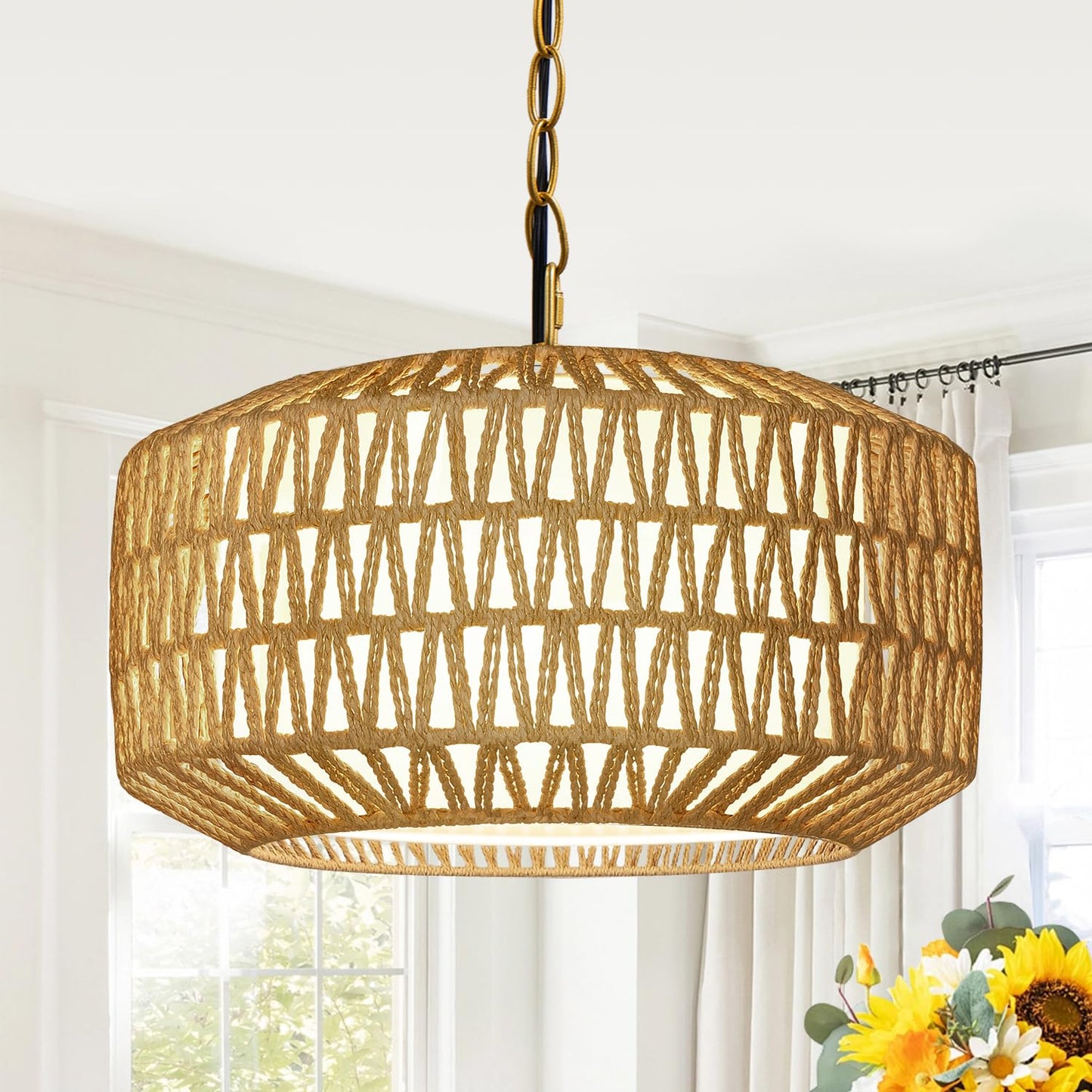 Farmhouse Gold Chandelier Light Fixture  5-Light Rustic Boho Chandeliers With Rattan & Linen Shade  Gold Hanging Lighting For Dining Room  Kitchen Island  Bedroom (Bulbs Not Included)
