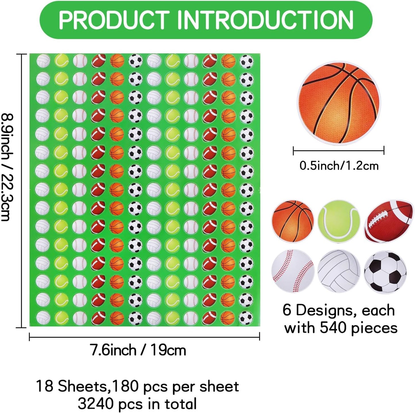 Vuzvuv 3240 Pcs Sports Balls Stickers for Student Reward Chore Chart Board,Soccer Tennis Small Ball Basketball Football Baseball Stickers for Home School Themed Party Decor