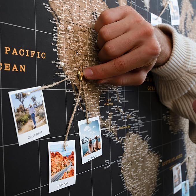 Canvas World Map with Cork Pin Board - English Lettering - Decorative Wall Decoration for All Rooms - Canvas Pictures with World Map Motif (70x50 cm, Pattern 6)
