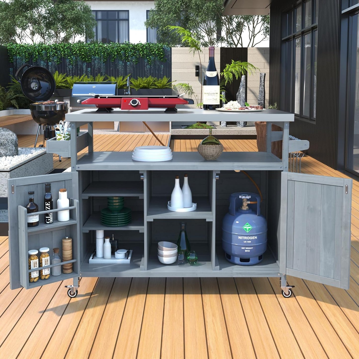 Outdoor Grill Carts for Patio Graden BBQ with Storage Cabinet, Home Rolling Kitchen Island Bar Cart with Stainless Steel Top, Food Prep Table with Shelves, Spice Rack & Towel Holder (Grey Blue)