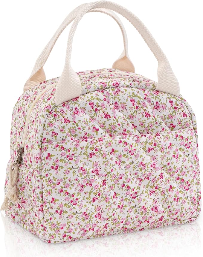 Lunch Bag for Women Insulated Lunch Box Reusable Cooler Bag Portable Cute Floral Quilted Cotton Bag Leakproof Tote Bags for Travel, Work, and Picnic, Spring Meadow