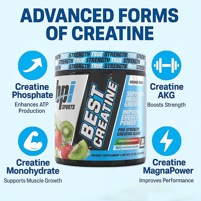 BPI Sports Best Creatine - Creatine Monohydrate Powder for Men & Women, Himalayan Salt - Strength, Pump, Endurance, Muscle Growth, Muscle Definition, No Bloat - Kiwi Strawberry - 50 Servings - 9.07 Oz