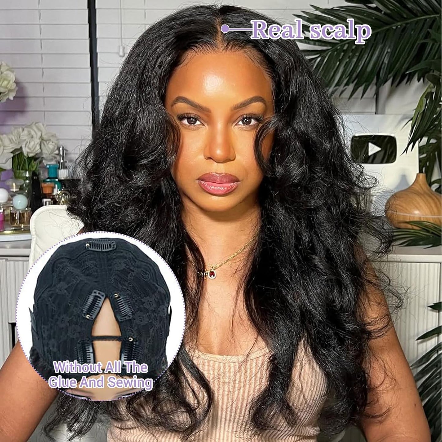 DSEKCAIN Yaki Straight V Part Wig Human Hair Glueless Clip In 100% Real Human Hair Kinky Straight V part Wigs Upgrade U Part Wig