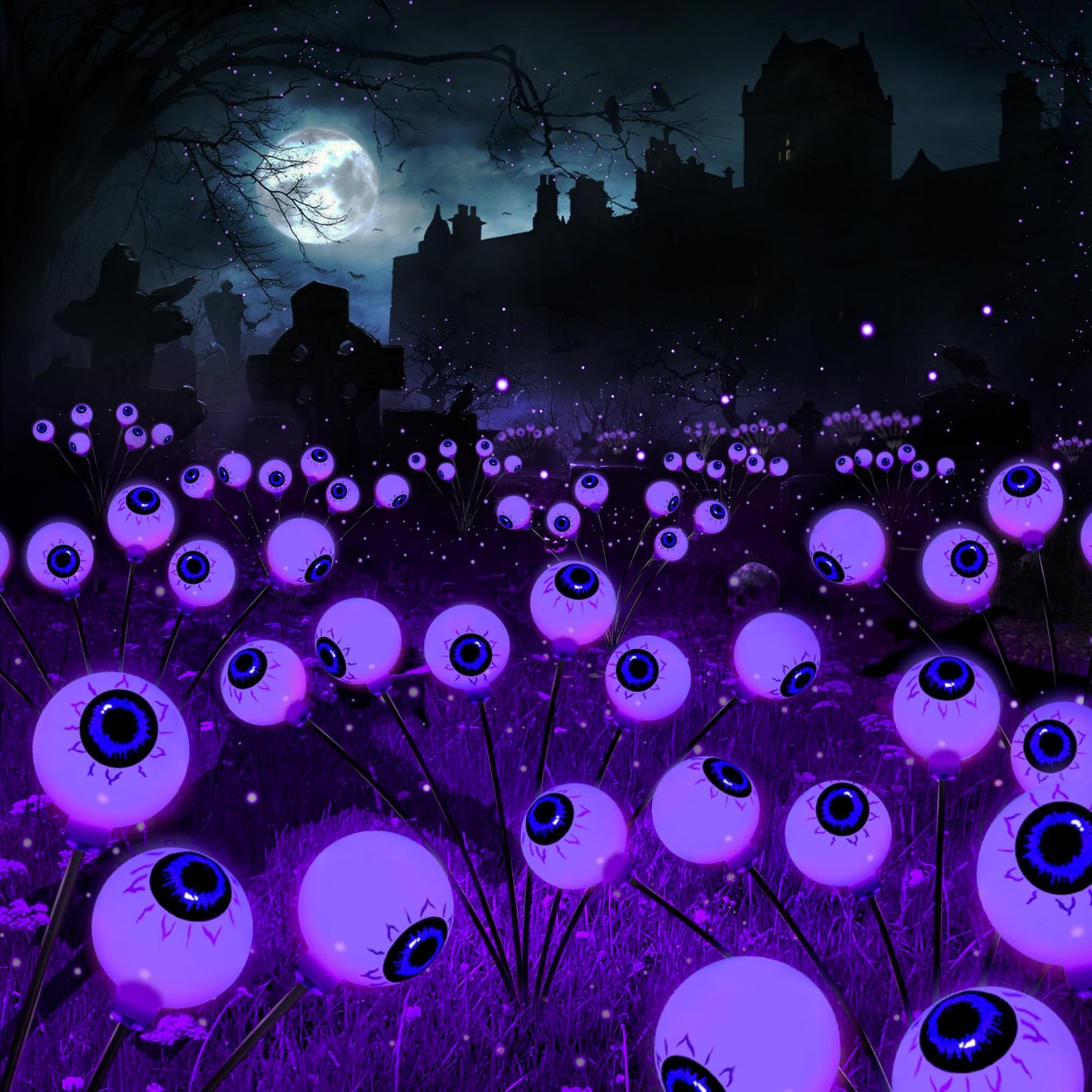 BrizLabs Halloween Eyeball Lights, 12 LED Solar Pathway Lights, 2 Pack, Purple, Outdoor Spooky Walkway Lighting