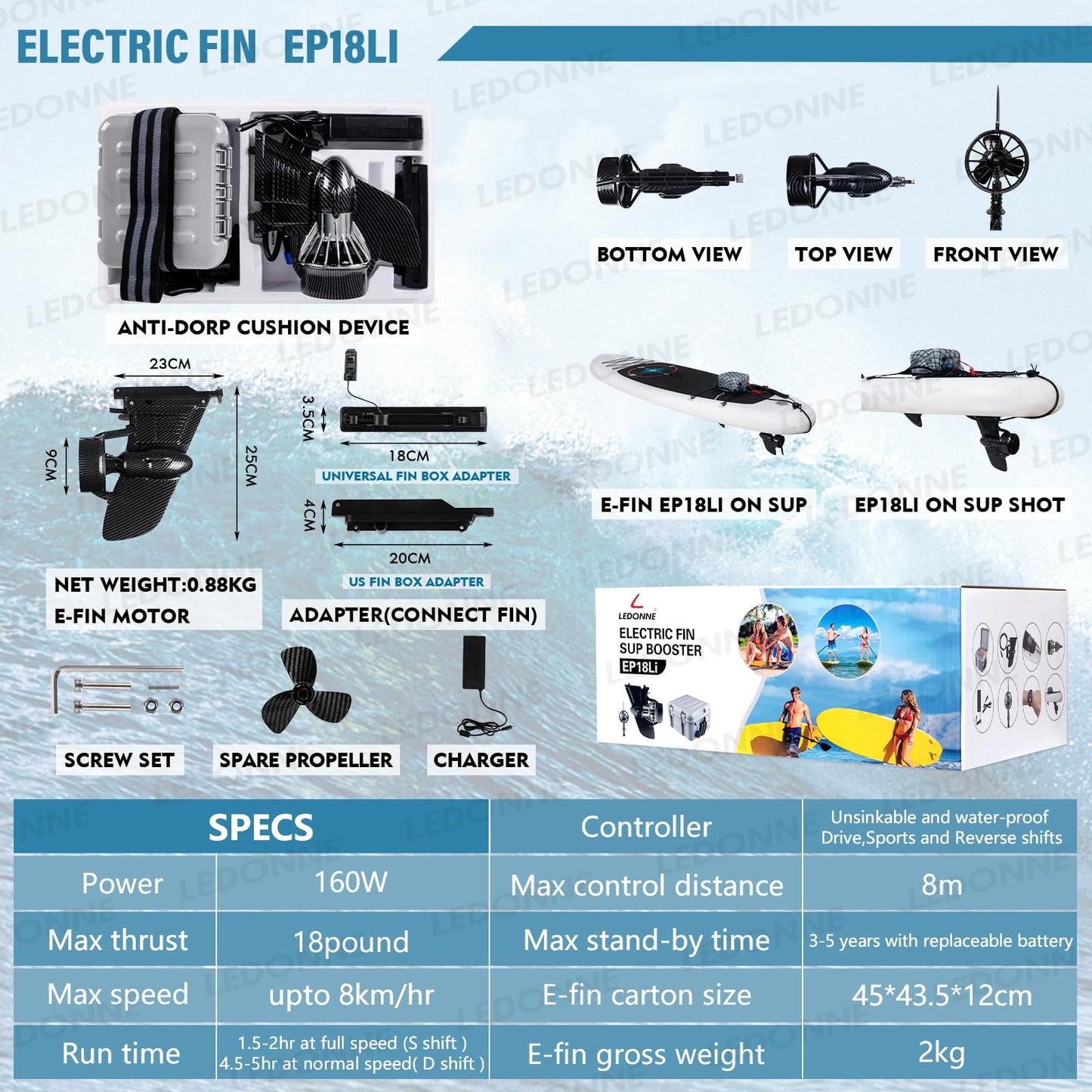 LEDONNE Electric Fin for SUP Electric Surf Fin Underwater Thruster Electric Fin SUP Conversion Kit Surf Booster Electric SUP Fin with Waterproof Battery with LED Battery Indicator