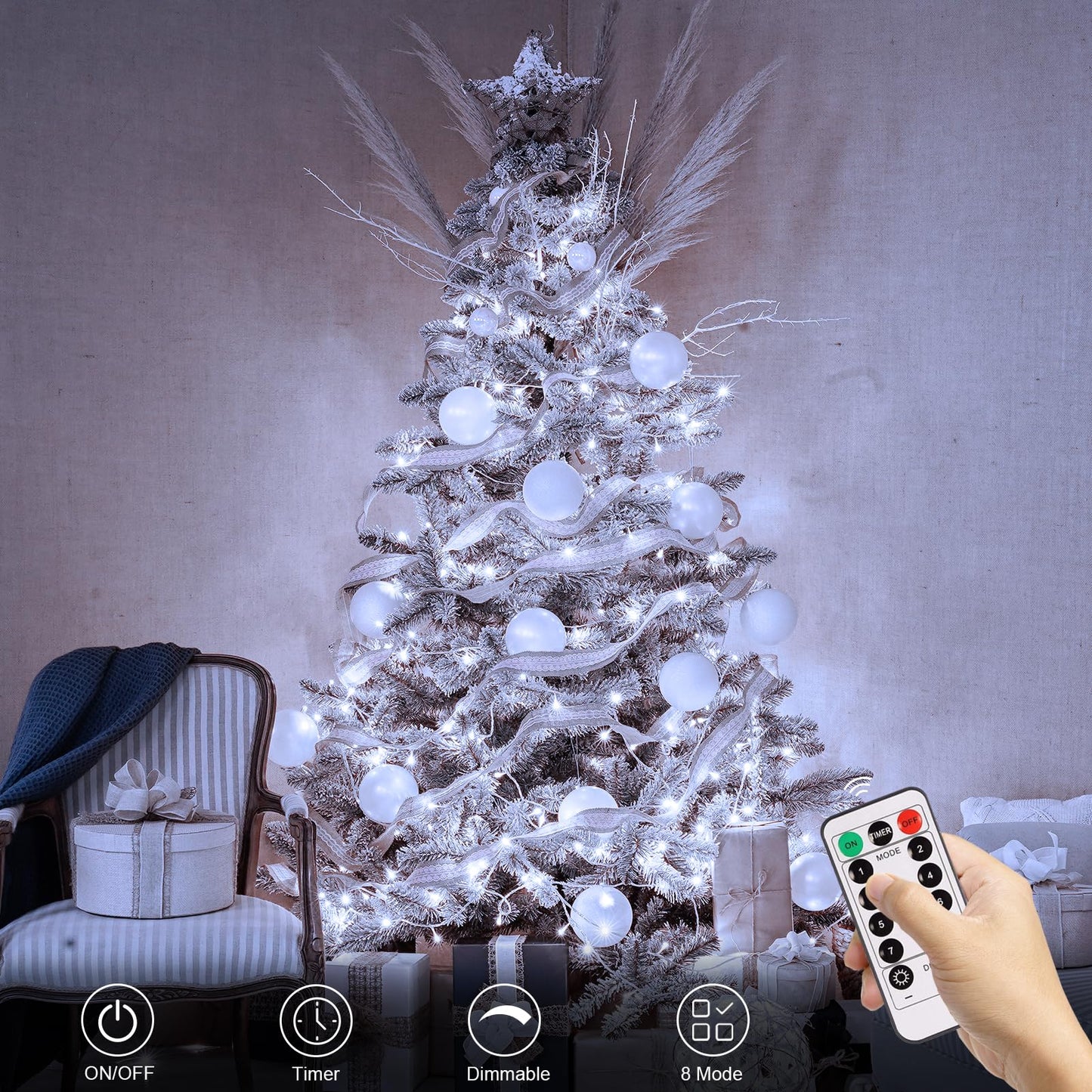 Echosari Outdoor Led Fairy String Lights, 100 Battery Operated Lights, Remote Dimmable, Timer, 8 Modes, Cool White, 1 Pack