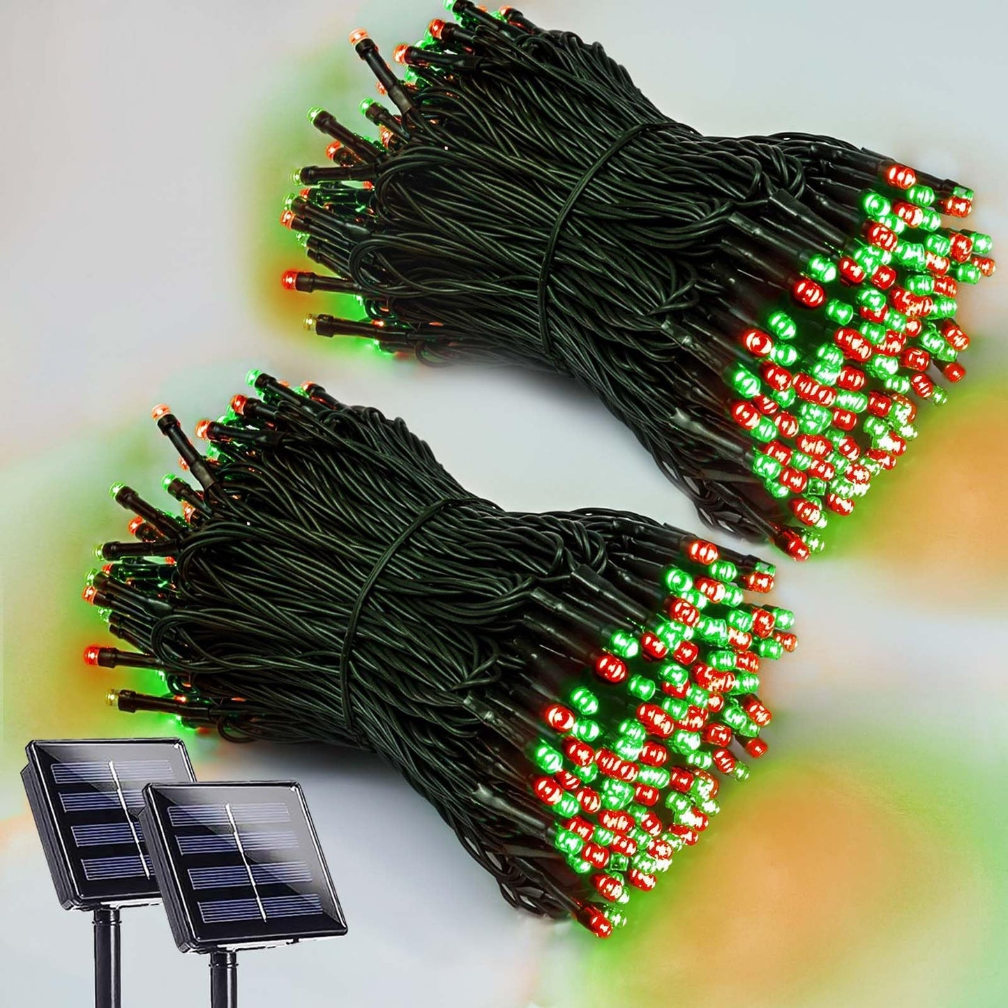 EEW 200 LED Solar String Lights Outdoor Waterproof, 2 Pack, Copper, Red and Green, 8 Lighting Modes, Model CAIYUAN-100
