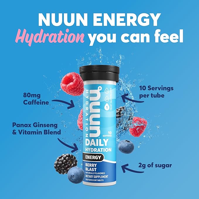 Nuun Energy Electrolyte Tablets with Ginseng, Caffeine from Green Tea Extract, Vitamin B12, B6, B5, Magnesium & 4 Other Electrolytes, Gluten Free & Vegan, Berry Blast, 8 Pack (80 Servings Total)