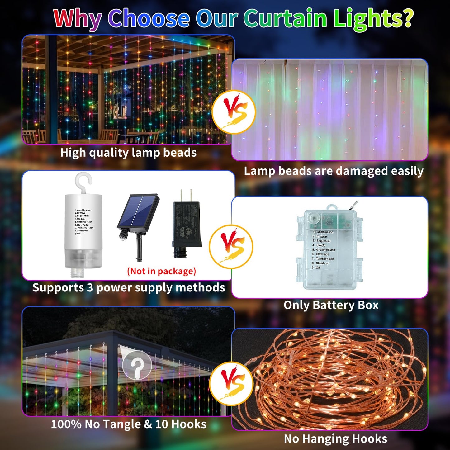 RCNDJE 300LED Battery Operated Curtain Lights, Waterproof Twinkle Fairy Lights, 10ft x 10ft, Multicolor