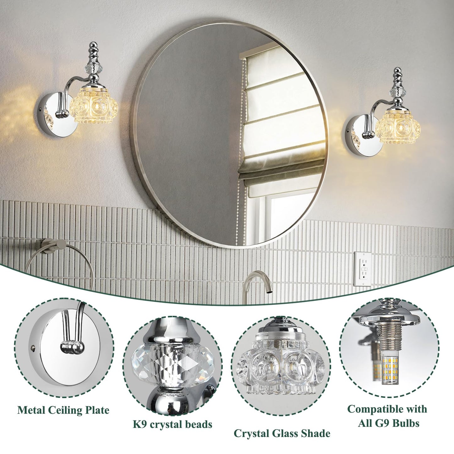 Lbsqj Modern Wall Sconces Set Of Two Indoor Lamp Chrome Vintage Glass Light Bathroom Vanity Fixture Wall-Mounted Room Lighting