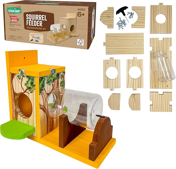 SparkJump Squirrel Feeder Kit - Sustainable FSC Wood, Easy Mounting and Assembly, Kid-Safe Mason Jar, Perfect for Outdoor Squirrel Watching & Feeding