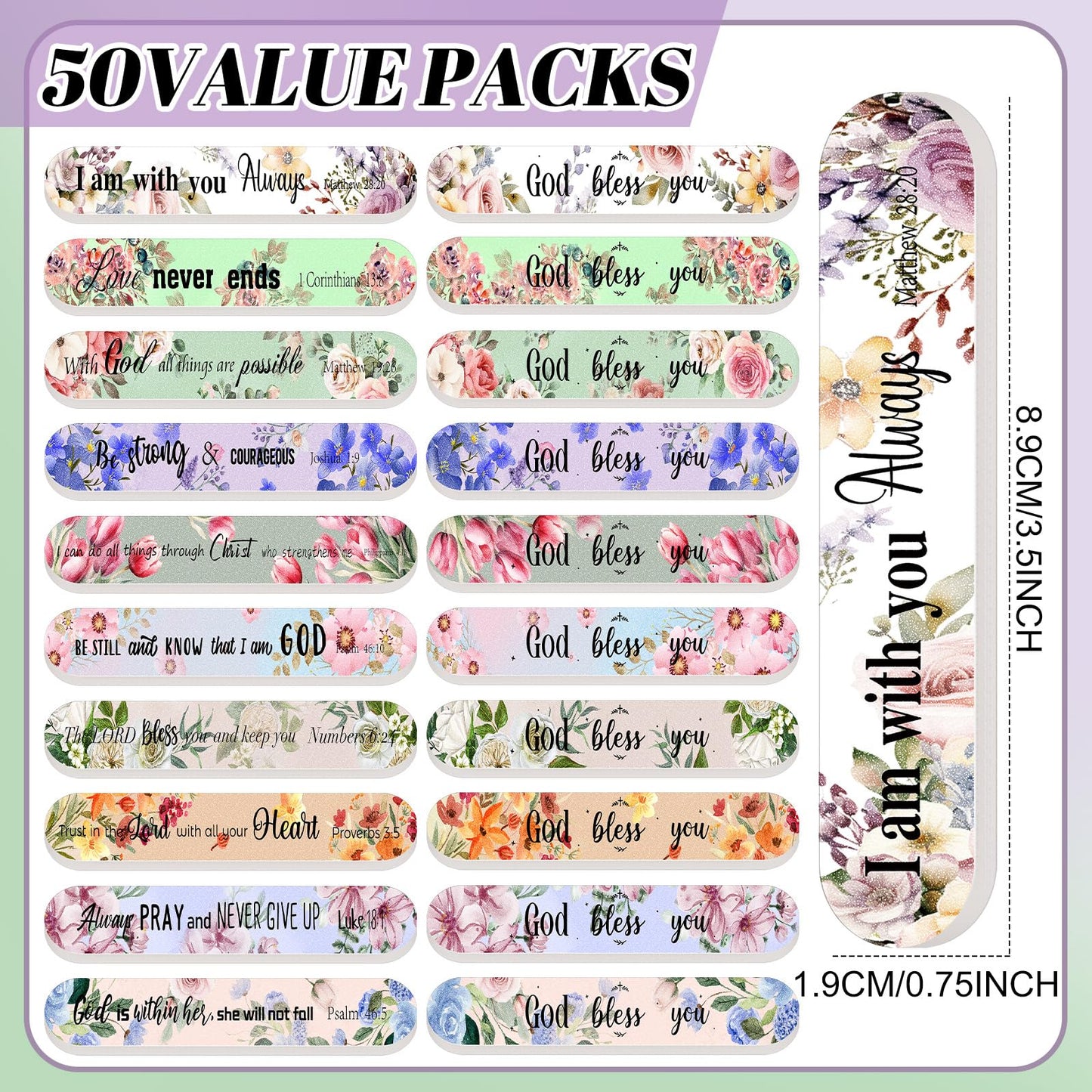 Lanties 50 Pack Christian Gifts for Women Bulk Mini Bible Verse Scripture Nail Files Floral Emery Boards 10 Styles Christian Rel