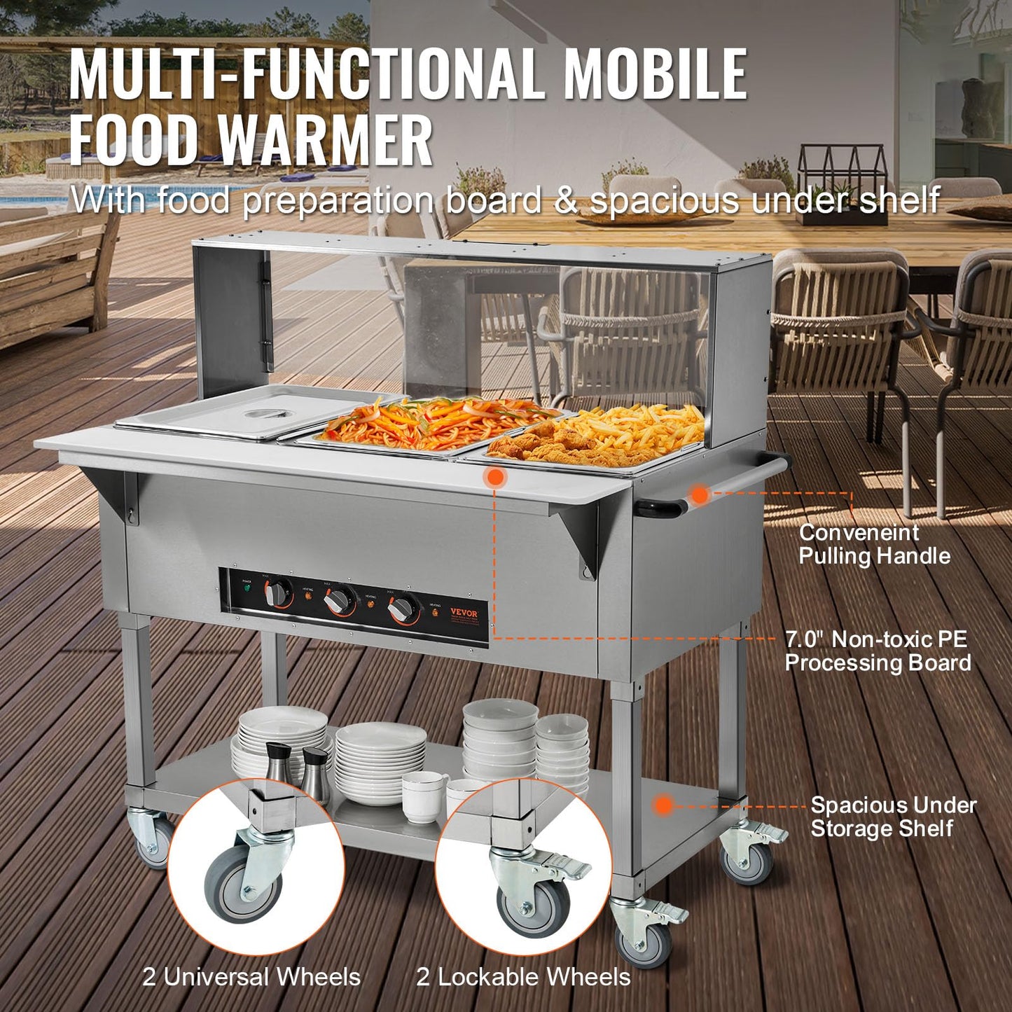 VEVOR 3-Pan Commercial Food Warmer, 3 x 20.6QT Electric Steam Table, 1500W Professional Buffet Catering Food Warmer with Acrylic Sneeze Guard, Food Grade Stainless Steel Server for Party Restaurant