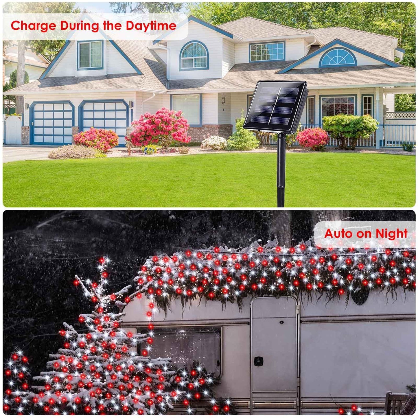 EEW 200 LED Solar String Lights Outdoor Waterproof, 2 Pack, Red and White, 8 Lighting Modes, Model CAIYUAN-100