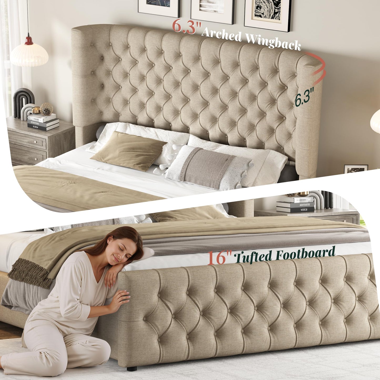 Jocisland King Size Platform Bed Frame, 6.3” Thick Upholstered Curved Wingback Headboard and Footboard with Deep Button Tufted, Easy Assembly, No Box Spring Needed, Khaki Linen
