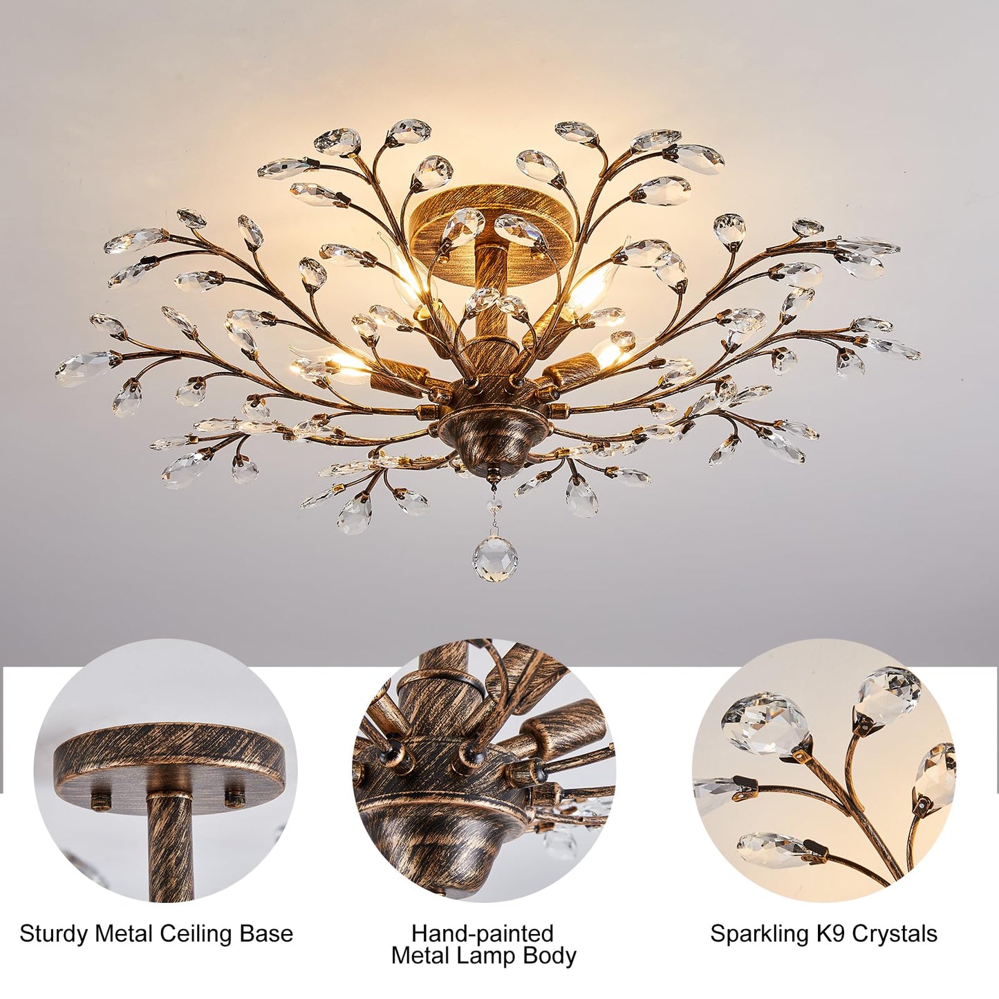 Ganeed Vintage Crystal Chandelier 5-Light Ceiling Light Fixture Bronze 1004-5br for Living Room Dining Room Kitchen
