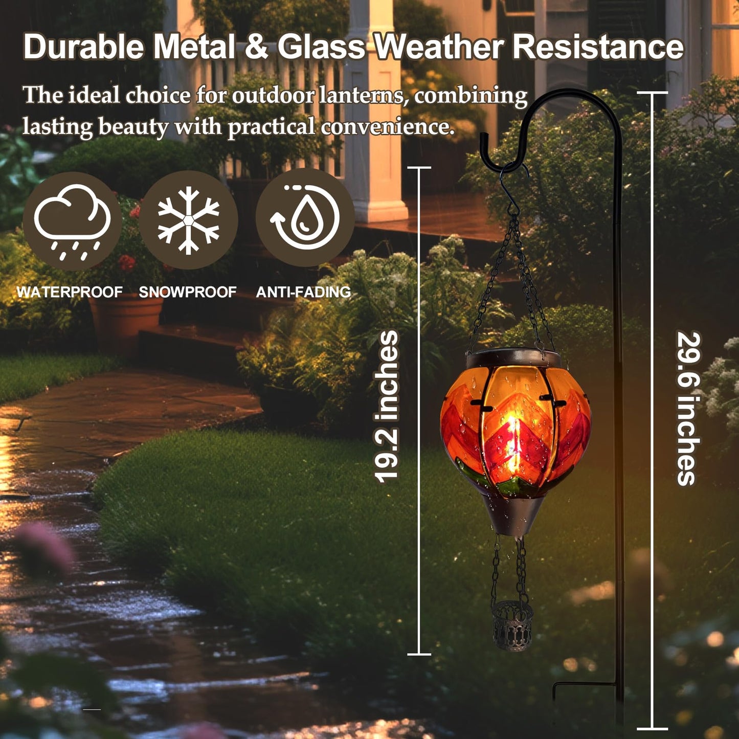 Twirleternity 2Pcs Hot Air Balloon Solar Lantern (Metal Shepherds Hook) (Flickering Flame) (Efficient Solar Panel Power) Hanging Lanterns Outdoor Waterproof Thanksgiving Gifts Colorful Wave
