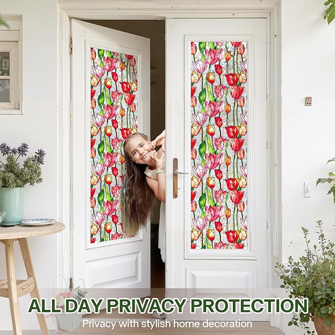 Stained Glass Window Film UV Resistant Window Privacy Film Red Floral Privacy Rainbow Decals Living Room Bedroom Sun Blocking Decor Removable Static Cling Stickers 17 x 78.74 Inch