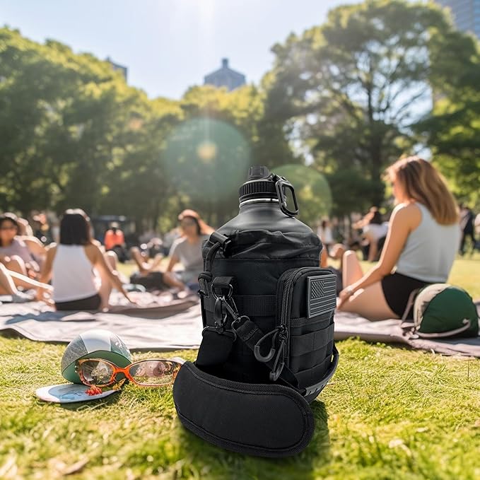 1 Gallon Water Bottle Insulated - 84 Oz Stainless Steel Metal Water Jug with Holder - | Carrying Bag | Spout Handle | Straw Lids | Keep Cold & Hot | - Black Tactical Flask