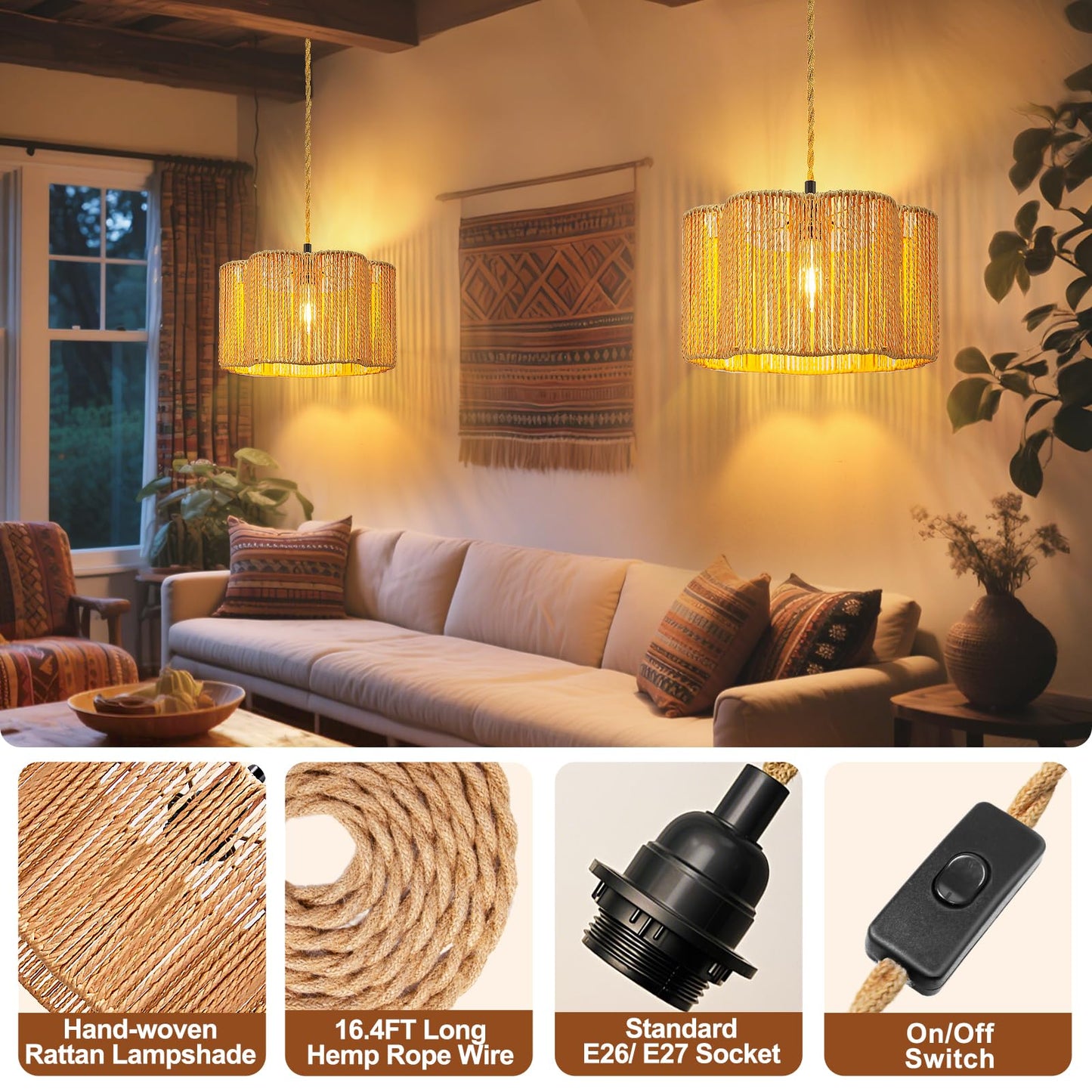 Hanging Lamps Rattan Pendant Light Hanging Lights 16.4Ft Plug In Cord Pendant Light Fixture Plug Into Wall Outlet Pendant Lighting With On Off Switch For Bedroom Living (Cylindrical Flower Shade)