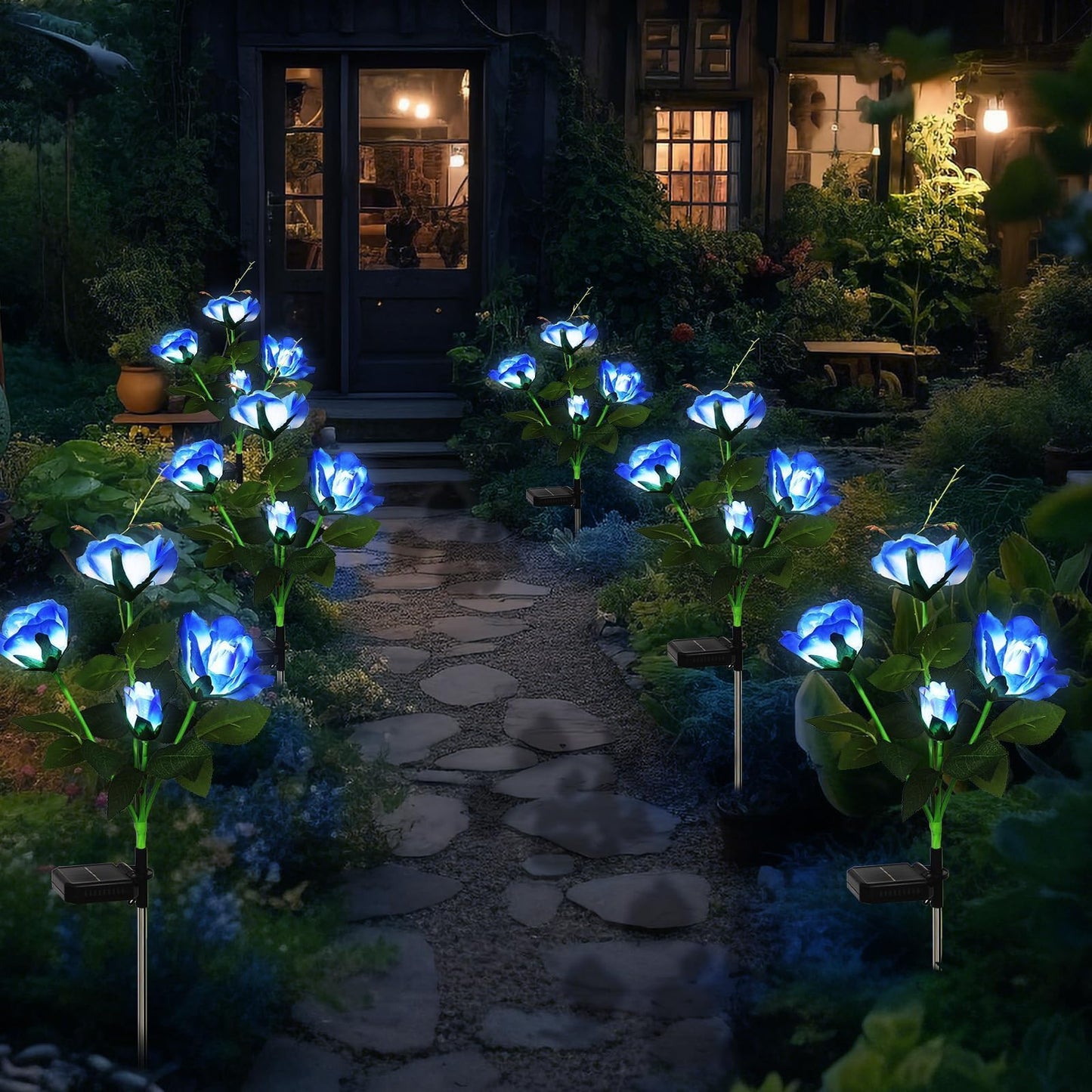 Syouhome Solar Garden Lights Outdoor  4 Pack Solar Flower Lights Outdoor Waterproof With 16 Rose  2 Modes Realistic Rose Flower For Yard  Pathway  Garden Decor & Gardening Gift