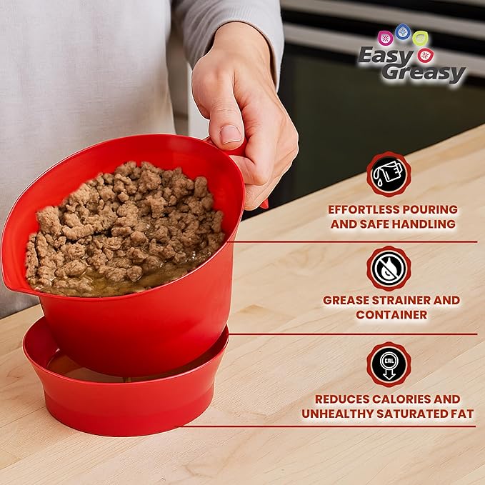 Colander Grease Strainer With Handle And Container, Catch Bowl With Lid 3 Piece Strain Set | Strains Ground Beef, Bacon & Pasta | Safe Kitchen Gadget BPA Free | Made In The USA (Red)