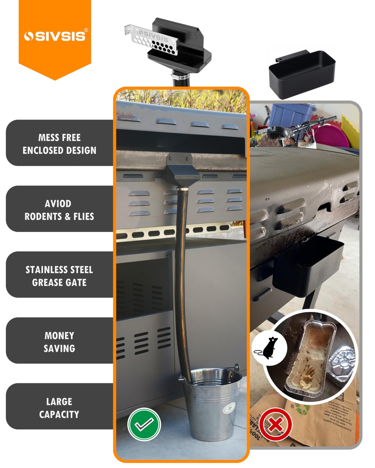 Sivsis Upgraded Magnetic Grease Catcher for Lower Back Blackstone Griddle, Rear Grease Drainage Funnel with 304 Stainless Steel Grease Gate, Larger Silicone Hose, Flexible Grease Capacity