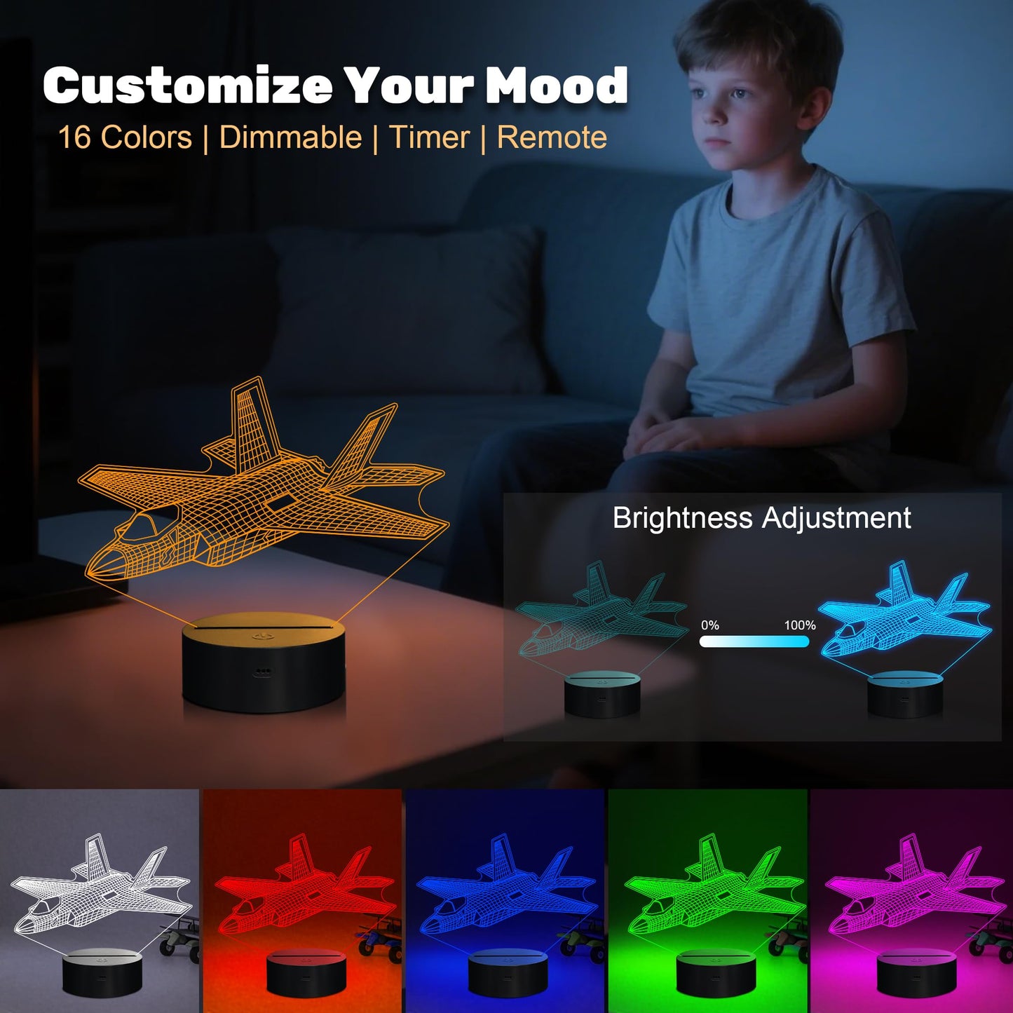 Fighter Jet Night Light  Air  Jet Gifts War Thunder 3D Illusion Lamp With With Remote Control 3D   Illusion Lamp For Room Decor  Gifts For Birthday Xmax Entry Graduation For Men Boy Kids