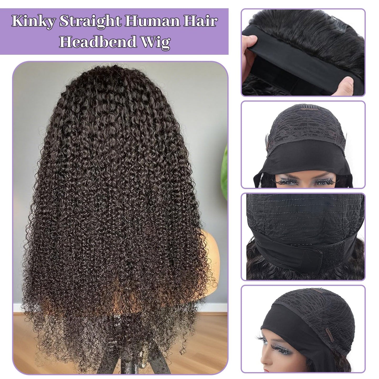 DSEKCAIN Kinky Curly Headband Wig Human Hair 24 inch 200 Density 100% Real Human Hair Curly Headband Wig No Glue No Sew In Gluel