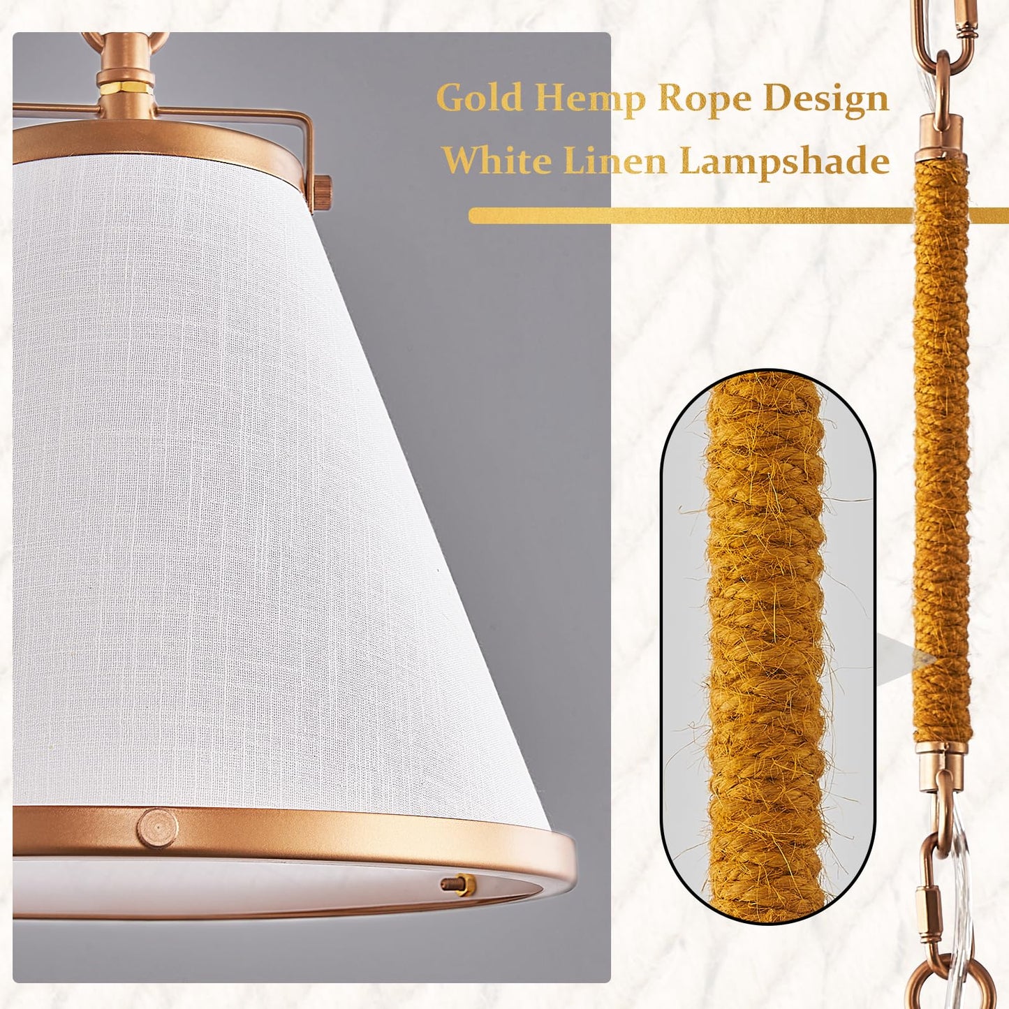 Fookchak Vintage Brass Pendant Light Kitchen Island 10Inch Linen Pendant Lights With Brass Hemp Rope Rod Modern Farmhouse Pendant Hanging Lighting For Kitchen Sink Dining Room Entryway Hallway