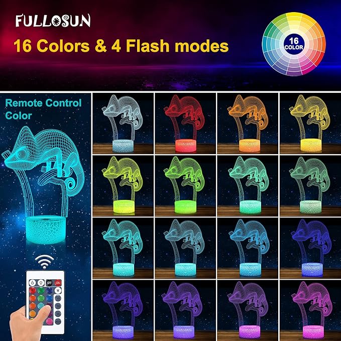 FULLOSUN Chameleon 3D Night Light Lizard Projection LED Lamp Baby Nursery Nightlight for Kids' Room Home Decor Xmas Birthday Gifts with Remote Control 16 Color Changing