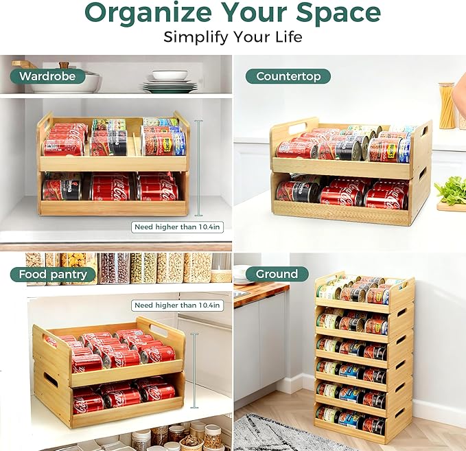 MinBoo Bamboo Can Organizer for Pantry - Stackable Can Rack for 24 Cans, Canned Food Storage, Pantry Shelf, Kitchen Cabinet or Countertop