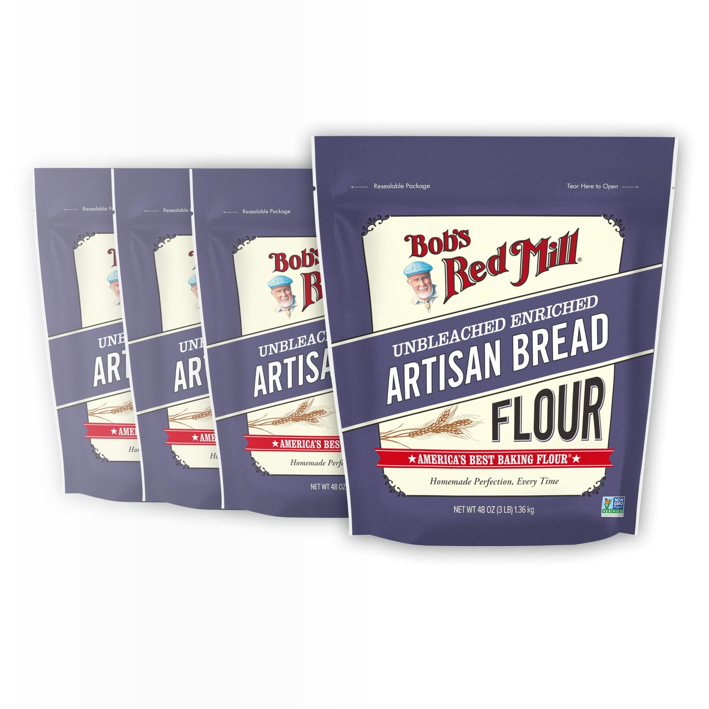 Bobs Red Mill Artisan Bread Flour  3 Pound (Pack of 4) - Unbleached  Unbromated  Non-GMO  Vegan