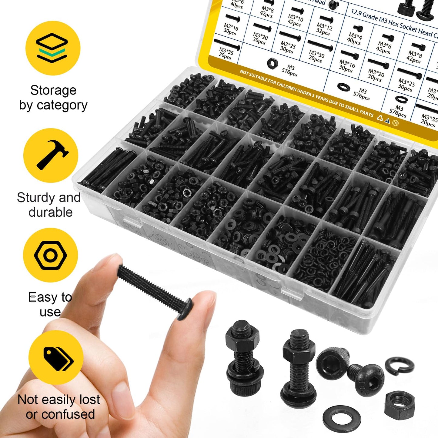 Fgruh 2300PCS M3 Screws with Nuts Assortment Kit, M3x4/6/8/12/16/20/25/30/35 mm Hex Socket Button & Cap Head Bolts Nut and Washers Set, 12.9 & 10.9 Grade Black Zinc Plated for DIY, 3D Printer