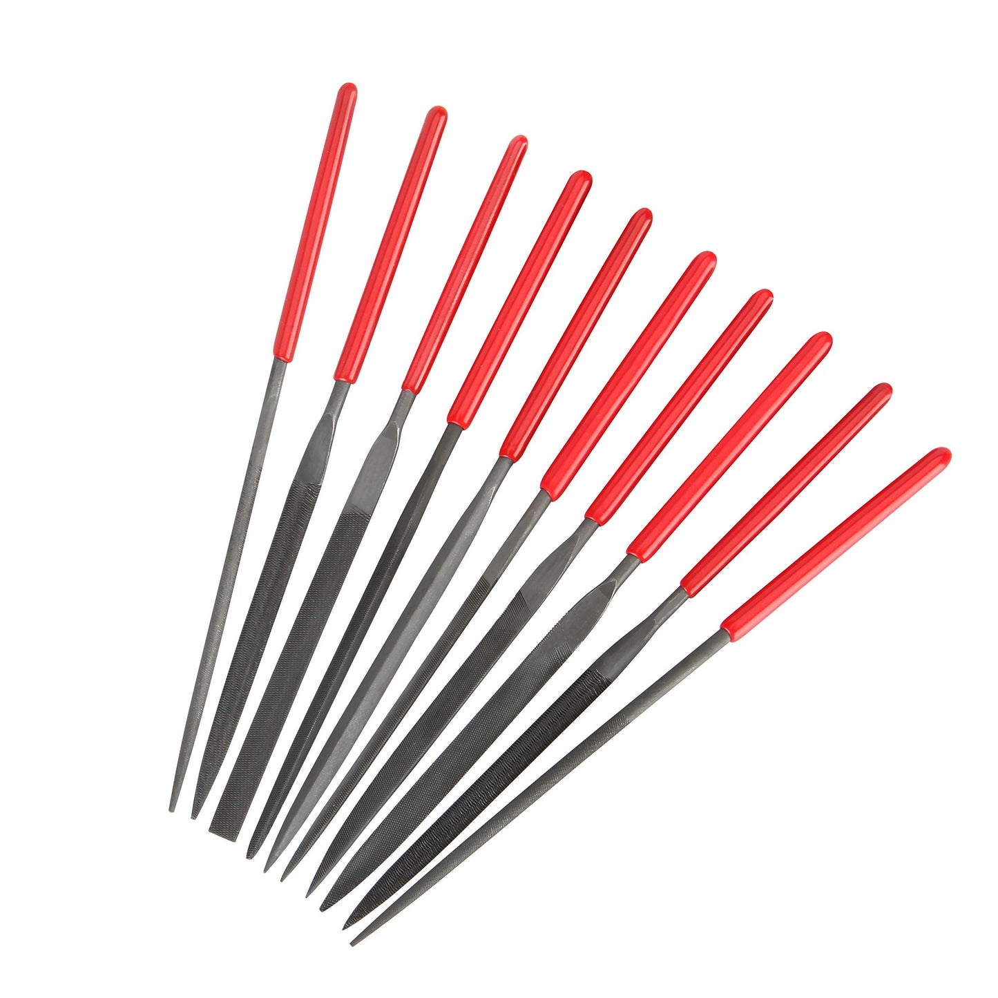 10Pcs Needle File Set- Hardened Alloy Steel, Mini Set Includes Tapered Round, Half Round, Barrette, Crossing, Knife, Warding, Square, Three Square
