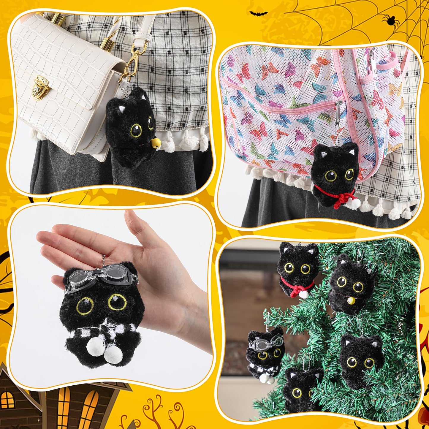 Tondiamo 5 Pcs Black Cat Keychain Plush Bag Charm Cute Kawaii Gifts for Christmas Halloween Accessories (Classic)