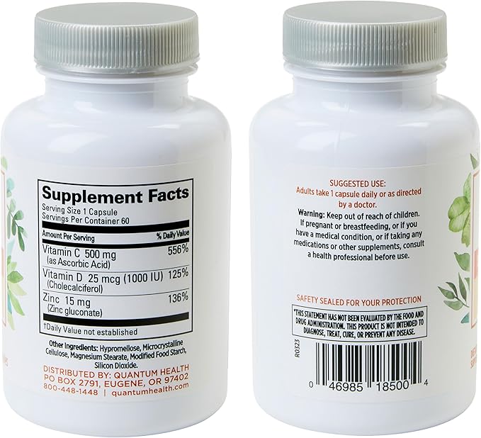 Quantum Health CDZ Immune Support Supplement Vitamin C 500 mg, Vitamin D 1000 IU Plus Zinc 15 mg Powerful Whole Body Wellness Support Complex - Daily Immunity Boost for Women & Men - 60 Capsules
