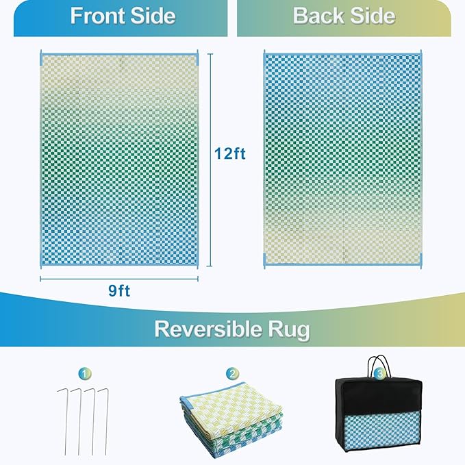 Wonnitar Waterproof 9x12 Outdoor Rug - Blue Yellow Gradient Geometric Patio Rug, Extra Large Plastic Straw Carpet for Balcony Beach Garden Deck, Reversible Outdoor RV Camping Mat