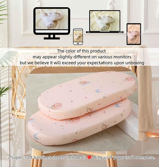 SDY Rabbit Bassinet Sheets Boys Girls,Fit for Rectangle, Round, Oval, Hourglass Mattress, Flexible for Different Bassinet Pad/Mattress 2 Pack 32 * 16 * 4 inches (Easter Day&Rabbit)