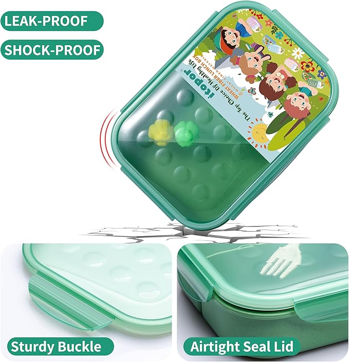 Wheat Straw Bento Box, BPA-Free Lunch Box for Kids & Adults - Leakproof 3-Compartment Lunch Containers with Utensil, Microwave/Dishwasher Safe, 5.5 Cup Green